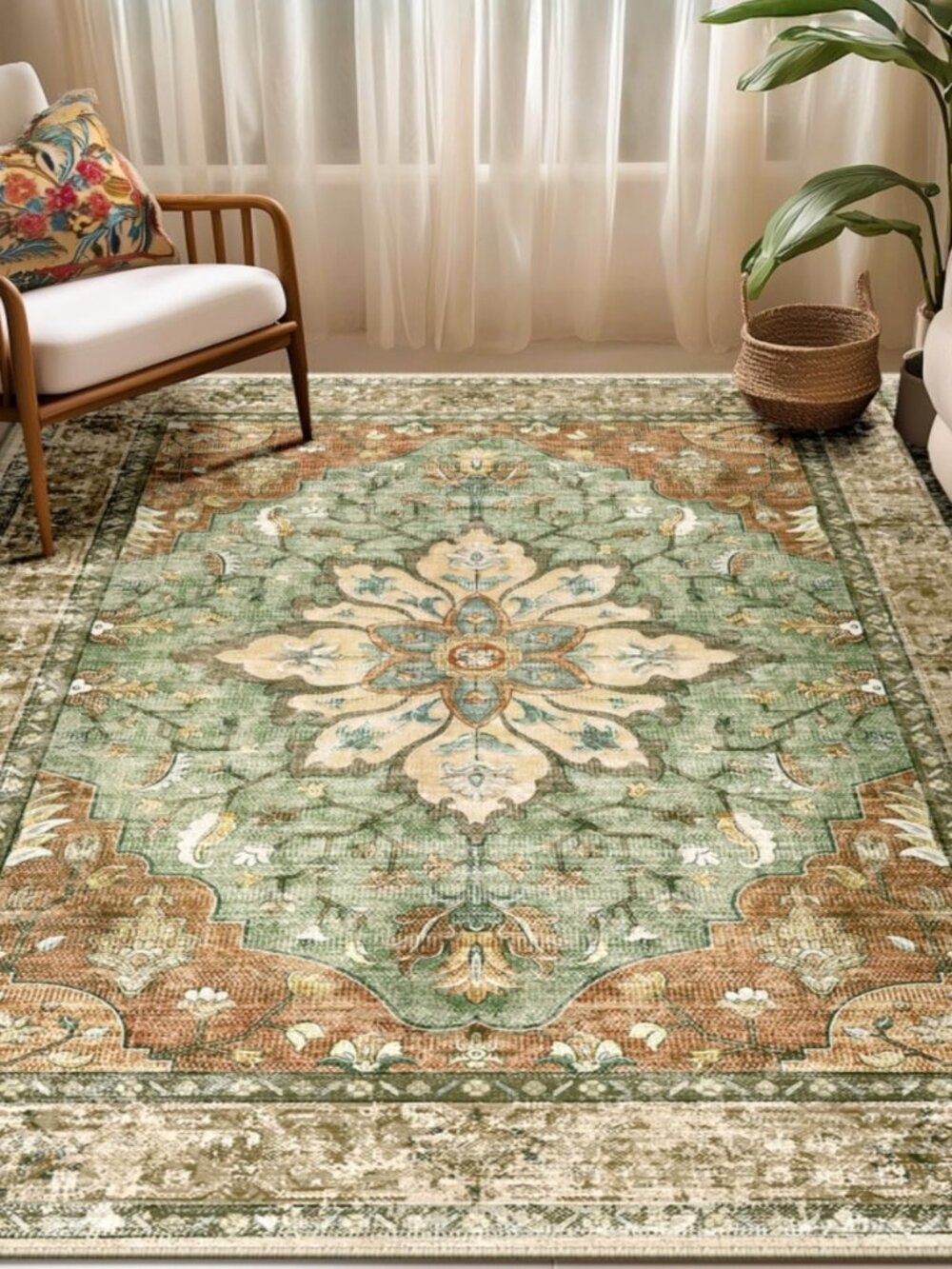 Washable Area Rug, 5'x7', Brick/Brown/Green